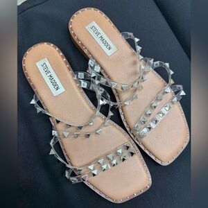Steve Madden Clear Pyramid Stud Slide Sandals with Tan Footbed